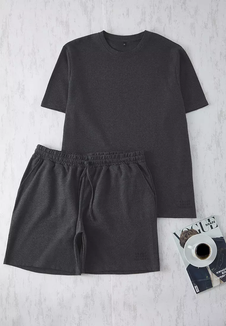 Plus Size Anthracite Waffle Knitted Shorts Pajamas Set - Tmnss25Ai00005