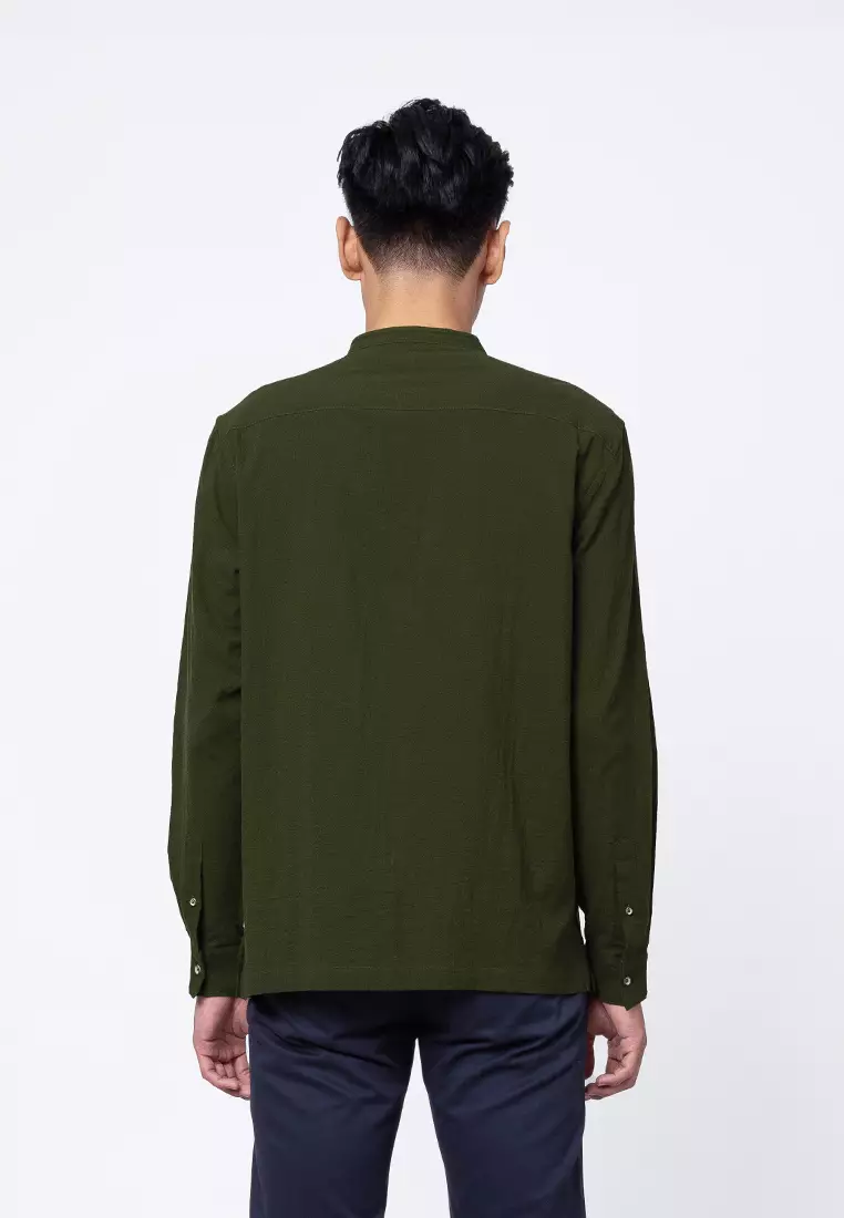 JAFFAR GREEN OLIVE Kemeja Shanghai Lengan Panjang Pria - Top Man Shirt