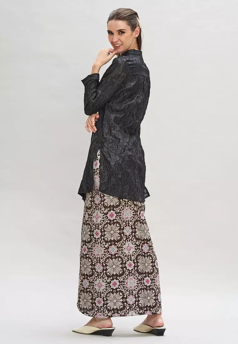 Black Premium Chiffon high neck Top & Maroon Batik Pleated Wrap Skirt