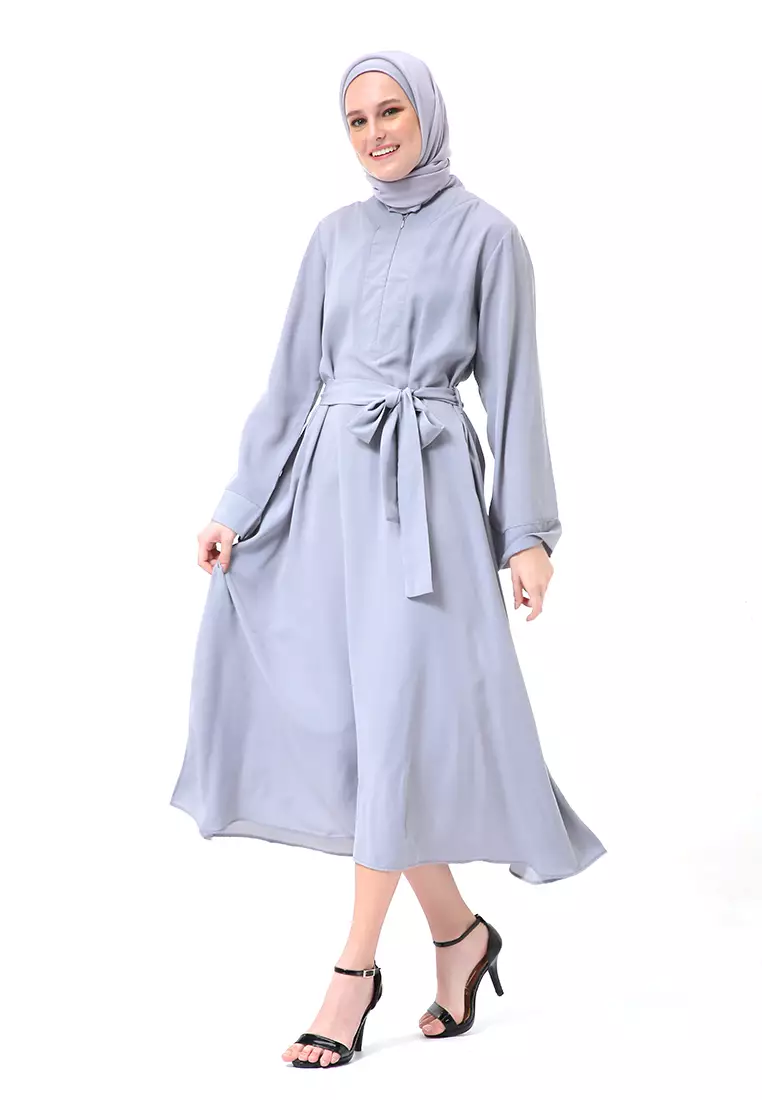 Khalisa Aiza Long Abaya Gamis Self Tie Belt Premium High Quality - Silver