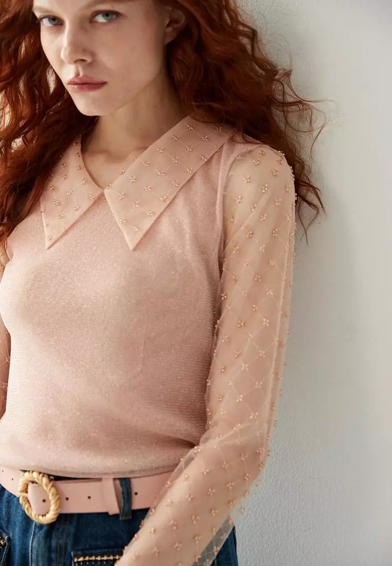 Metallic Nylon Pink Top With Mesh Sleeves
