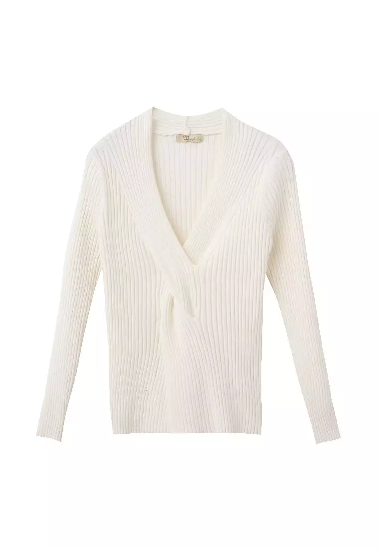 OB嚴選 性感V領造型扭結坑條針織長袖上衣《FA2625》