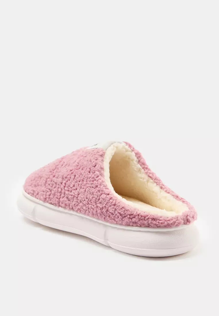 Dusty Rose Plush Woven Label Detailed Women's House Slippers Takaw25Er00012