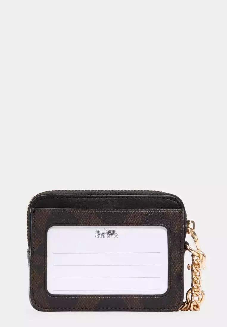 COACH Zip Card Case In Blocked Signature Canvas Khaki Brown Multi