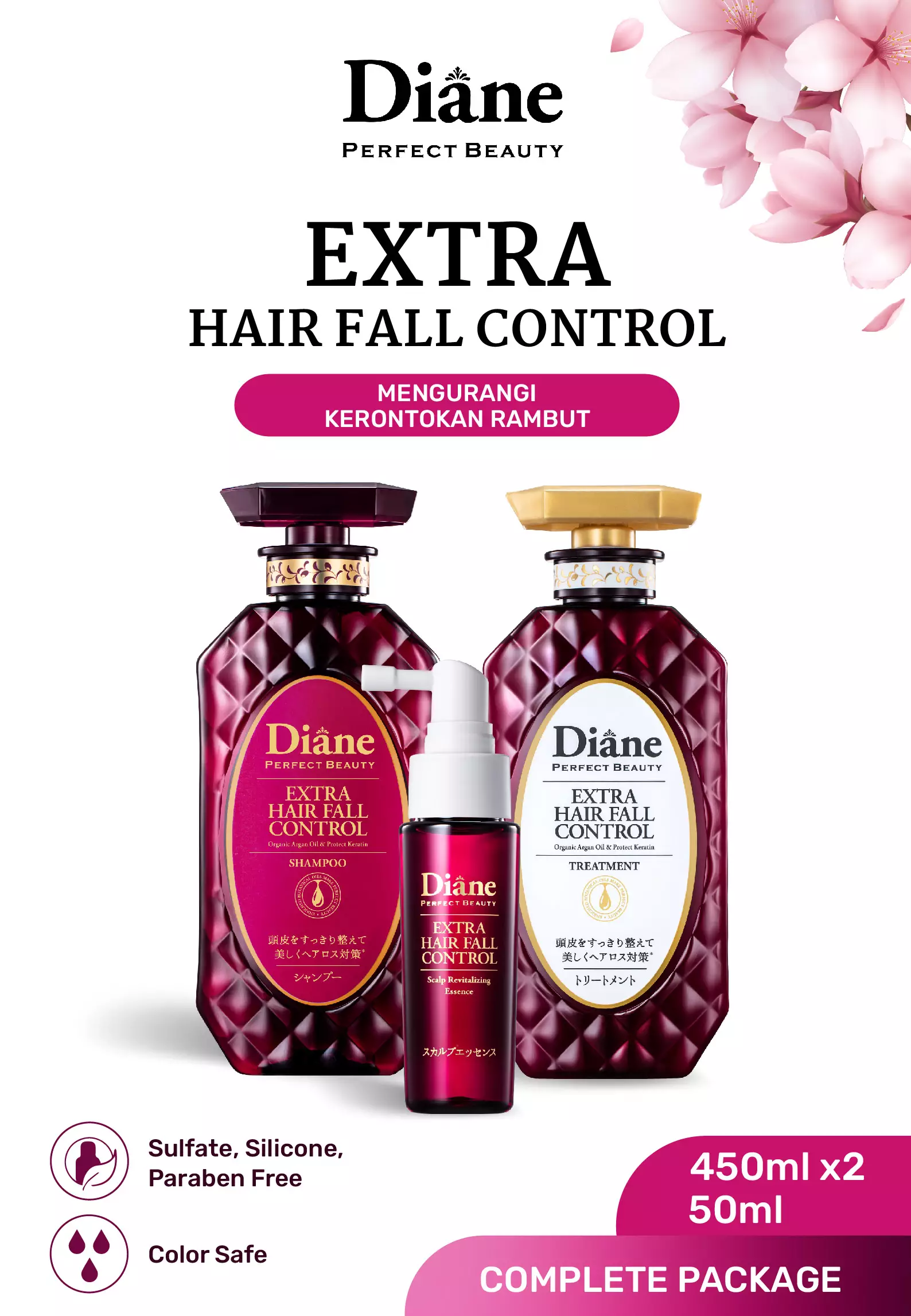 PAKET Diane EXTRA HAIR FALL CONTROL Shampoo + Treatment (Conditioner) + Essence