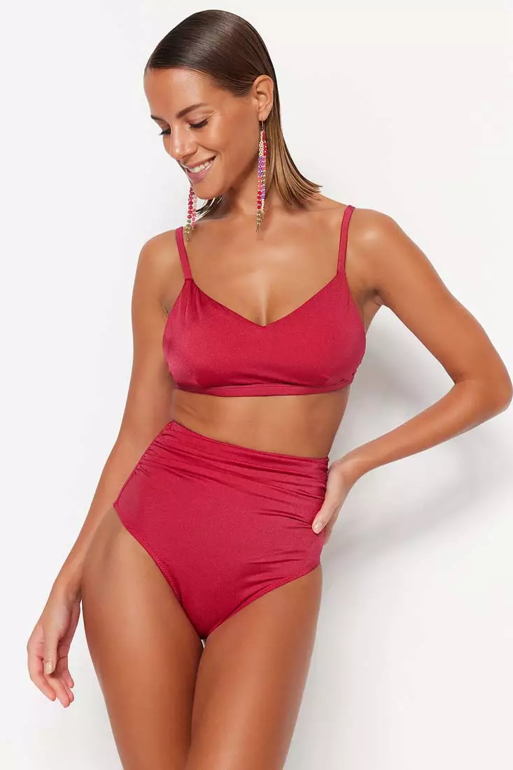 Sexy Ribbed High Cut Out Bralette Thong Bikini Set - Burgundy