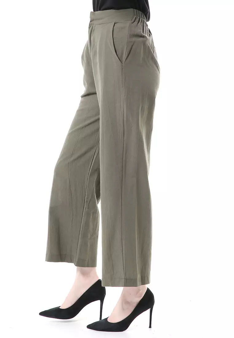 Celana Kulot Bawahan Wanita Highwaist Desain Casual Motif Polos Regular Fit - Army