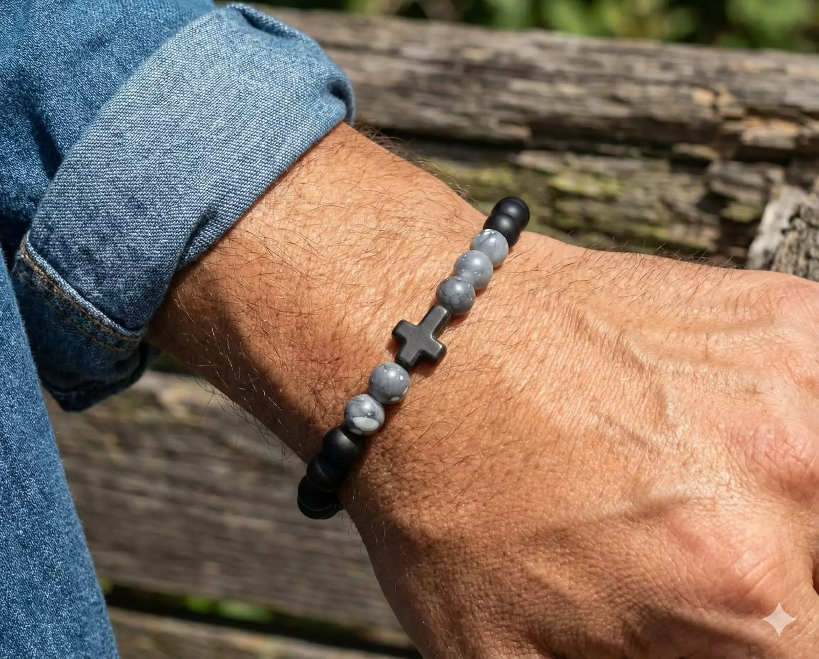 Aksesoris Gelang Pria Cross Center Howlite & Lava Beads Bracelet Black & White