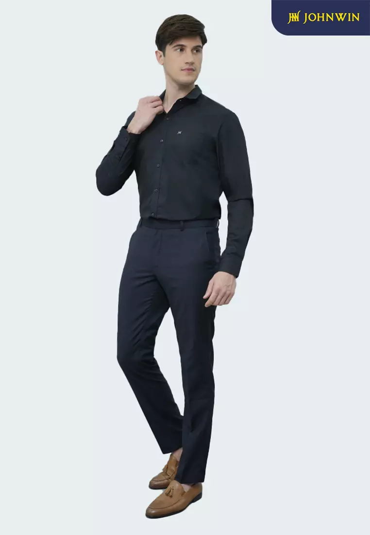 Johnwin - Kemeja Formal Oppulence - Kemeja Pria - Model Basic - Katun Knitting - Lengan Panjang - Slim Fit - Hitam - FSH.650.K395.982.C-L/S