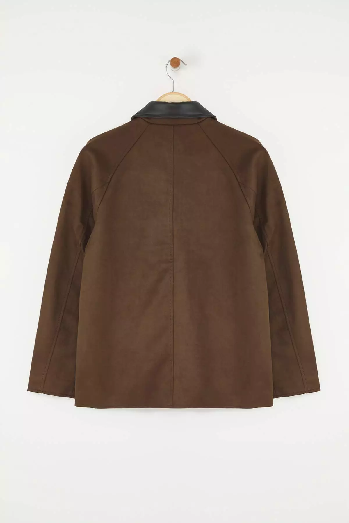 Brown Regular Pattern Collar Faux Leather Detailed Suede Thin Jacket Coat