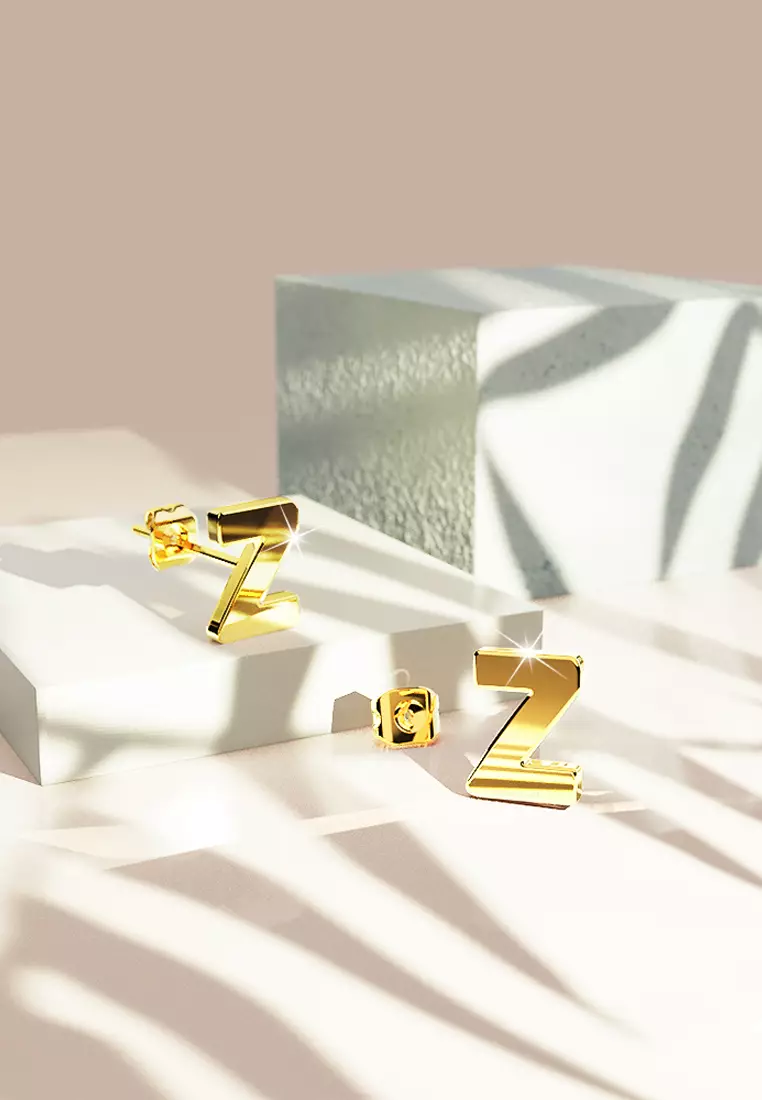 Bold Alphabet Letter Initial Charm Earrings in Gold Tone - Z
