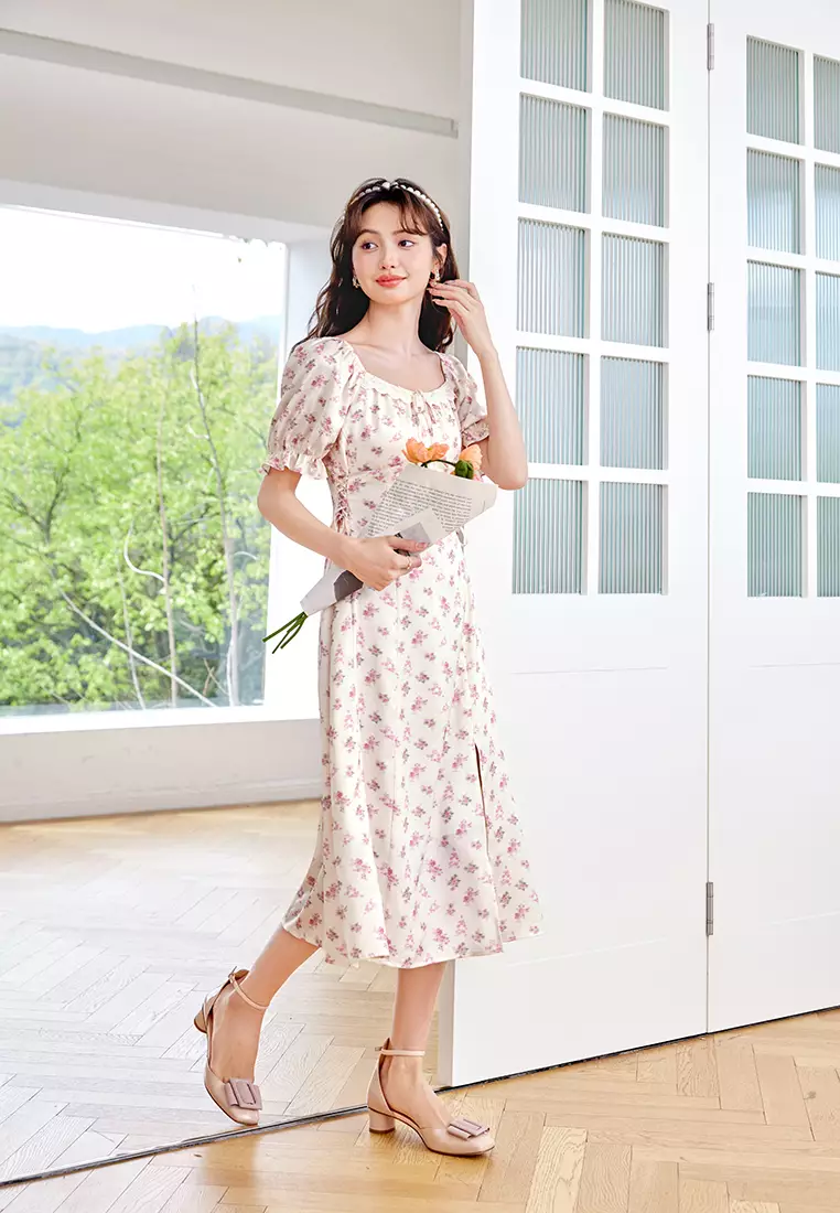 Puff Ruffled Sleeve Floral Midi Dress with Waist Tie