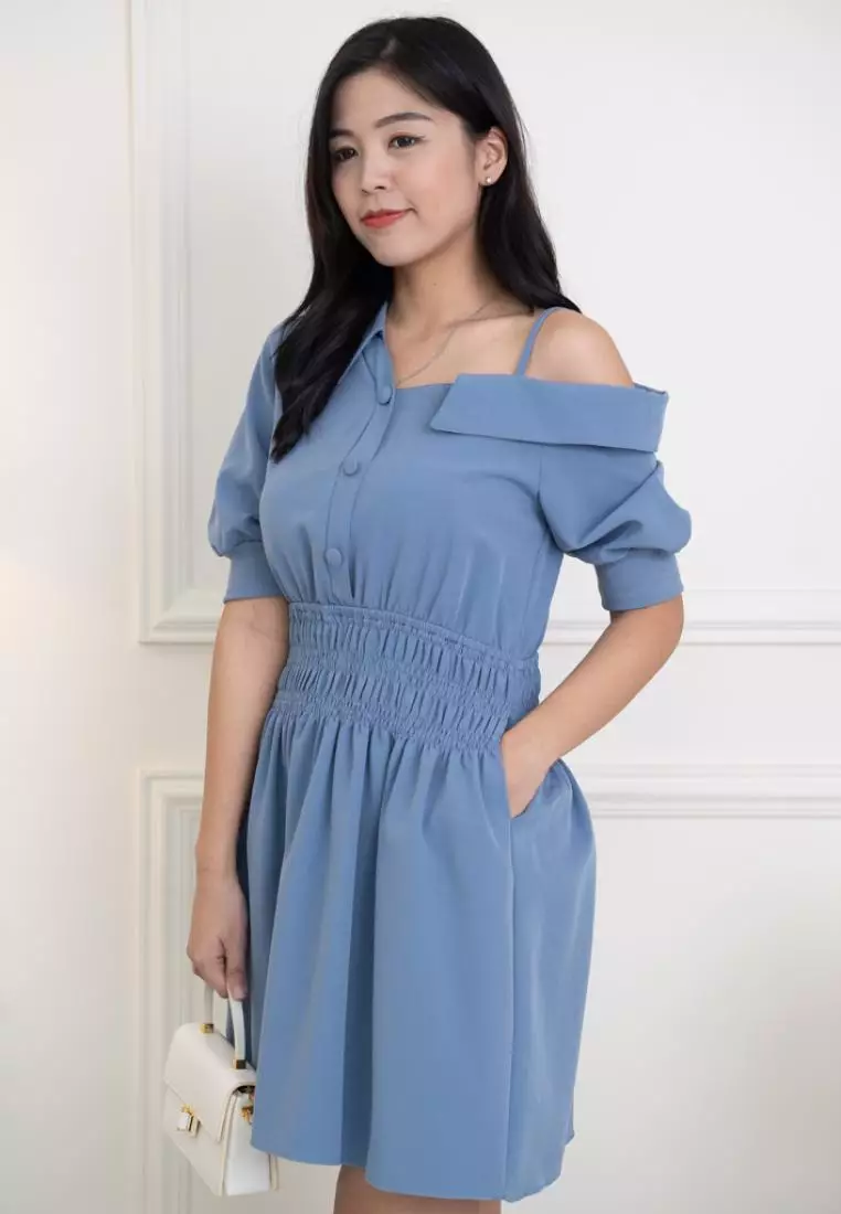 SIDE SHOULDER WITH ELASTICITY WAISTBAND DRESS