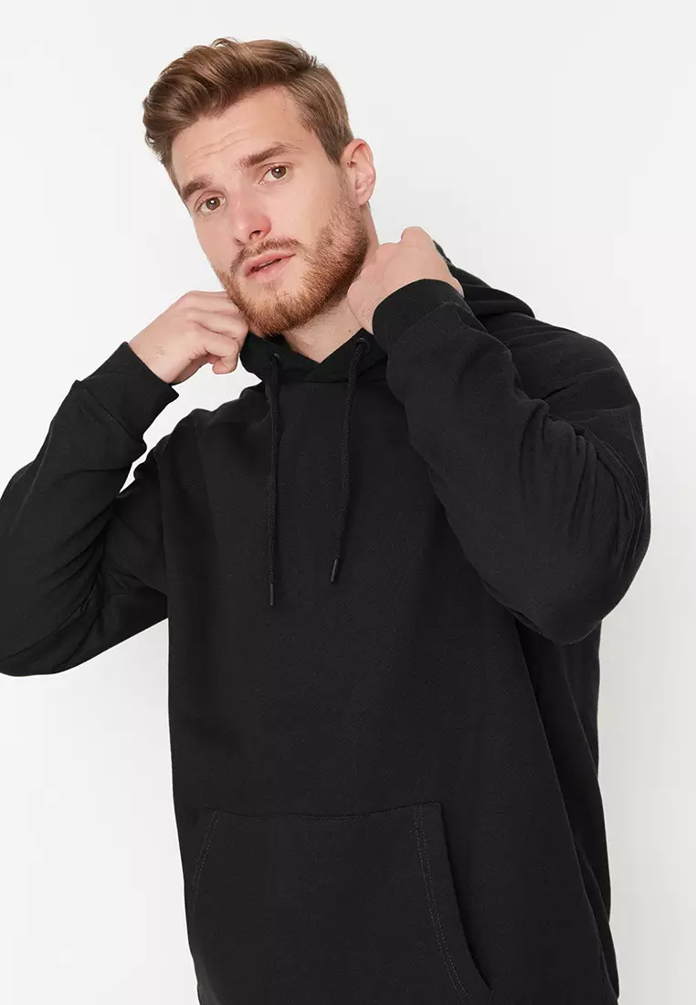Black Basic Oversize/Wide Cut Hooded Sweatshirt with Fleece Inside TMNAW23SW00192