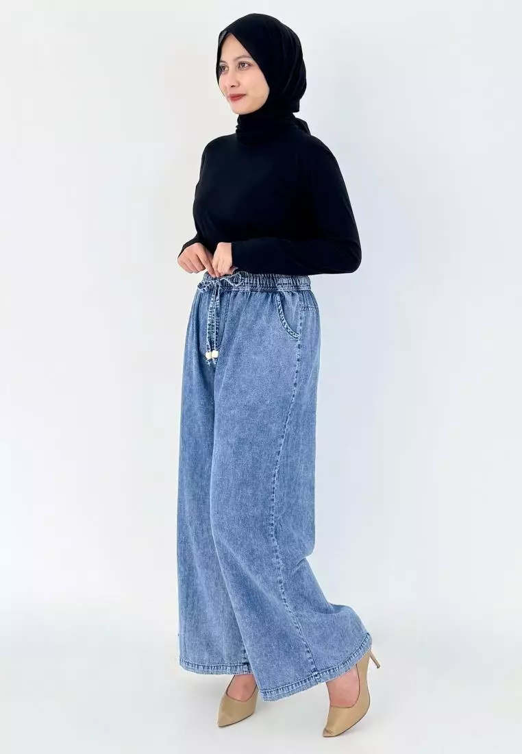 LEZAHRASIGNATURE Palazzo Emily - Celana Panjang Kulot Denim Wanita - Biru Snow