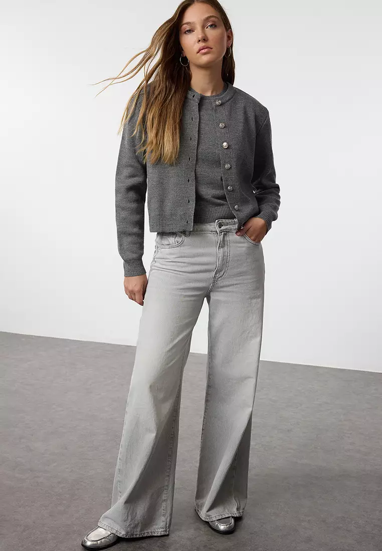 Anthracite Basic Cardigan-Blouse Knitwear Cardigan TWOAW25HI00216