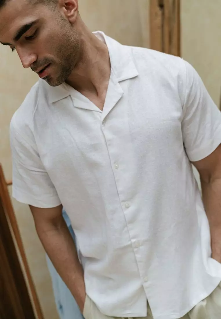Lahaina Kemeja Linen Lengan Pendek Pria Putih | Linen Short Sleeve Shirt Men White
