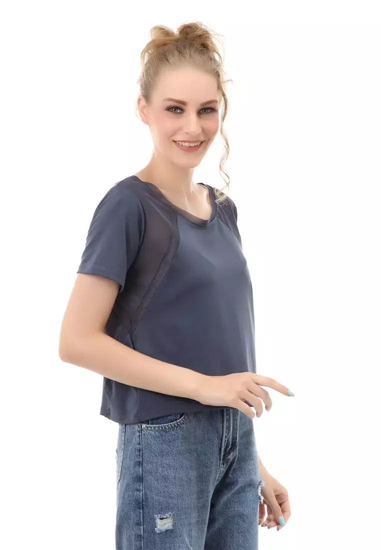 Baju Olahraga Kaos Sport Wanita Short Sleeve Absorb Sweat Kombinasi Jaring Material Polyester ORIGINAL - Grey