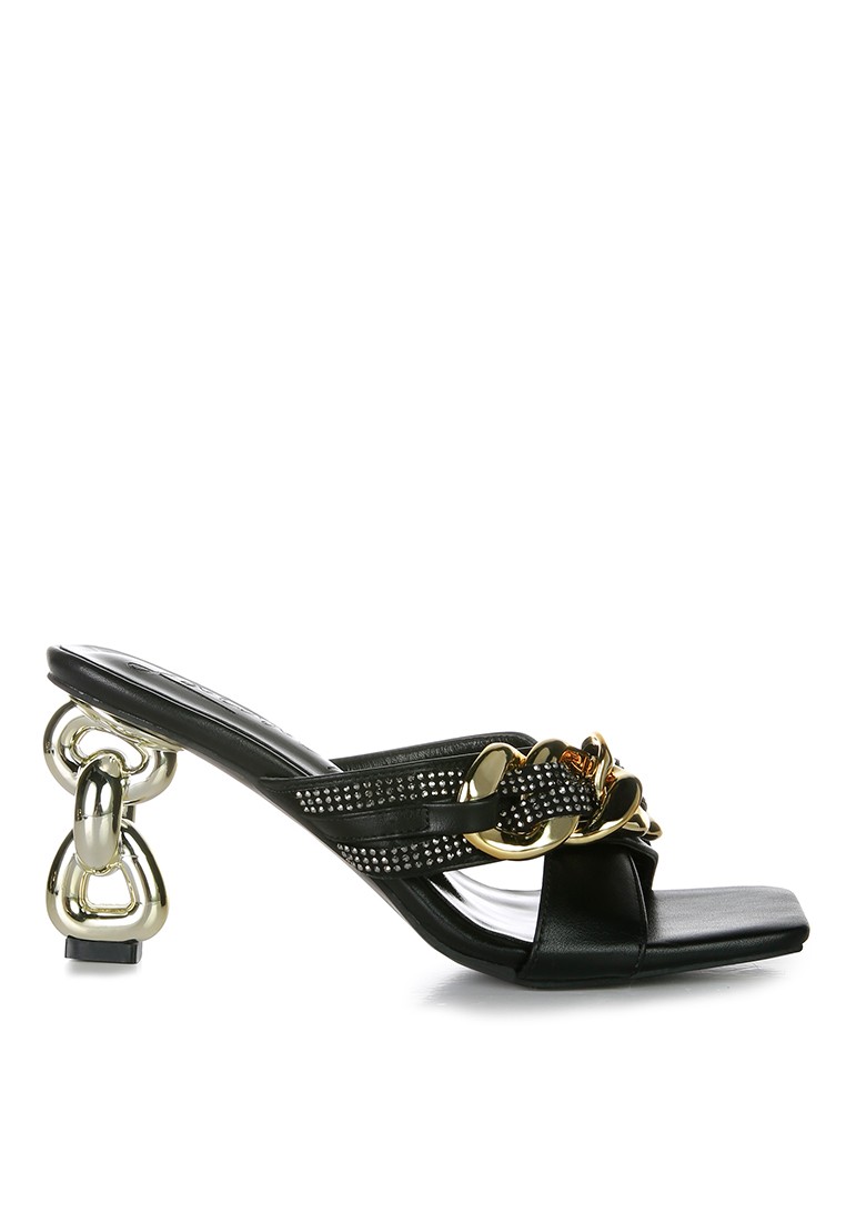Black Metallic Chain Heeled Diamante Sandals