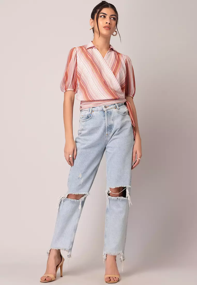 Multi And Brown Striped Collared Wrap Top