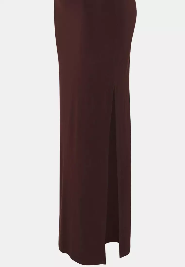 Brown Gathered Neckline Detail Knitted Long Stylish Evening Dress