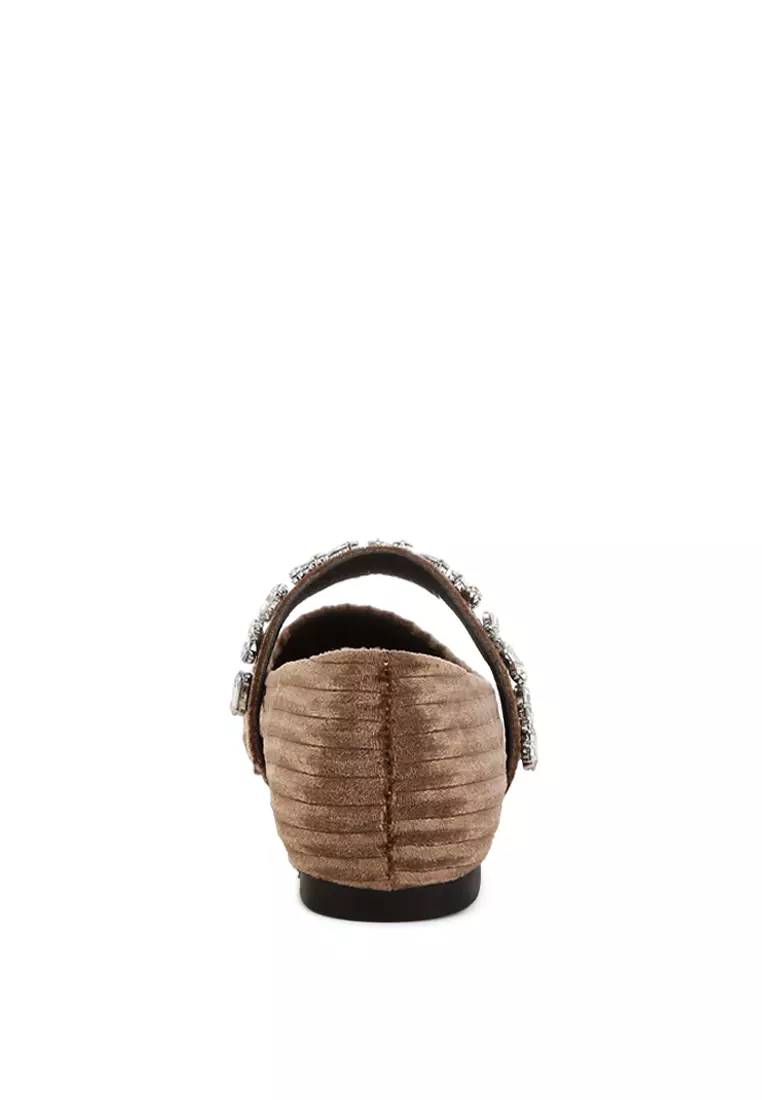 Diamante Brooch Velvet Ballerinas in Brown