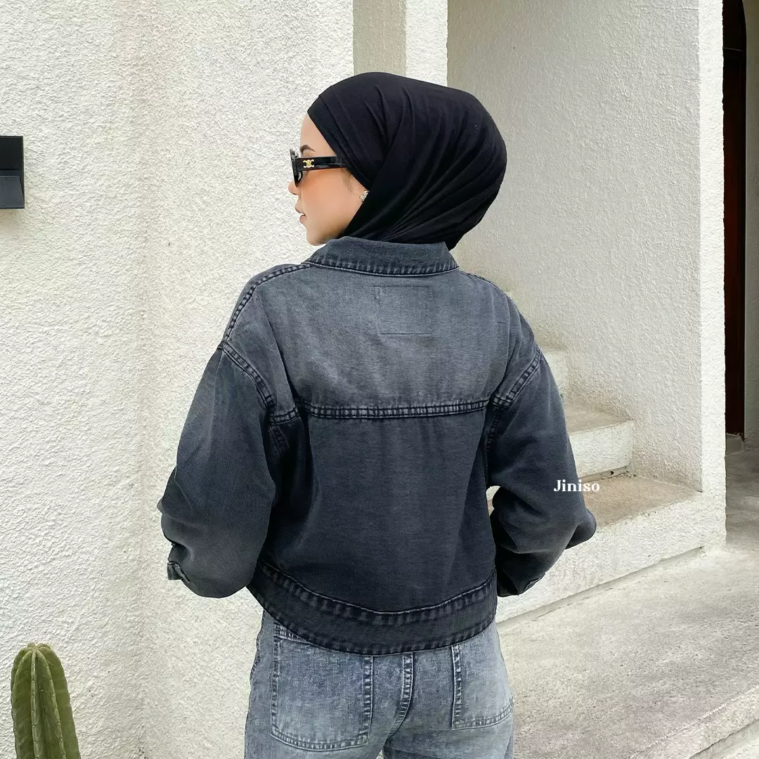 Jaket Crop Jeans Oversize Boxy Black Spray