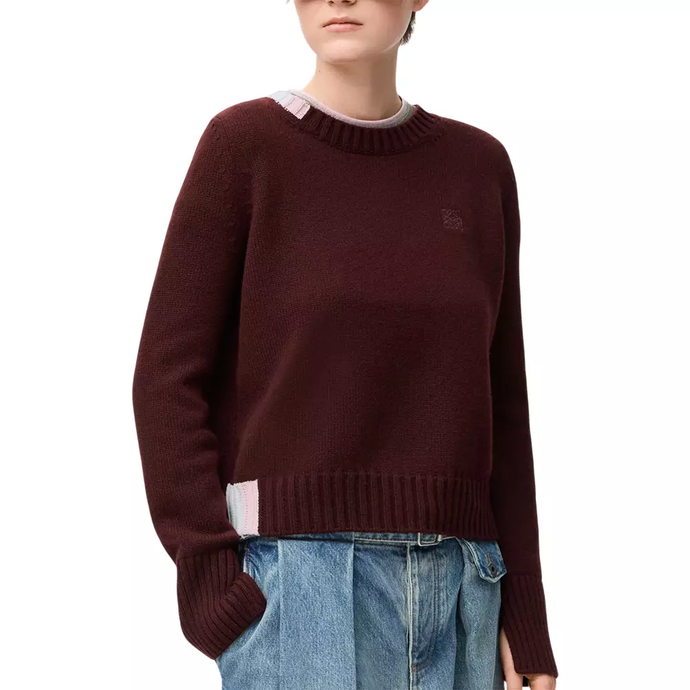 Cashmere Sweater with Contrast Intarsia Details Burgundy