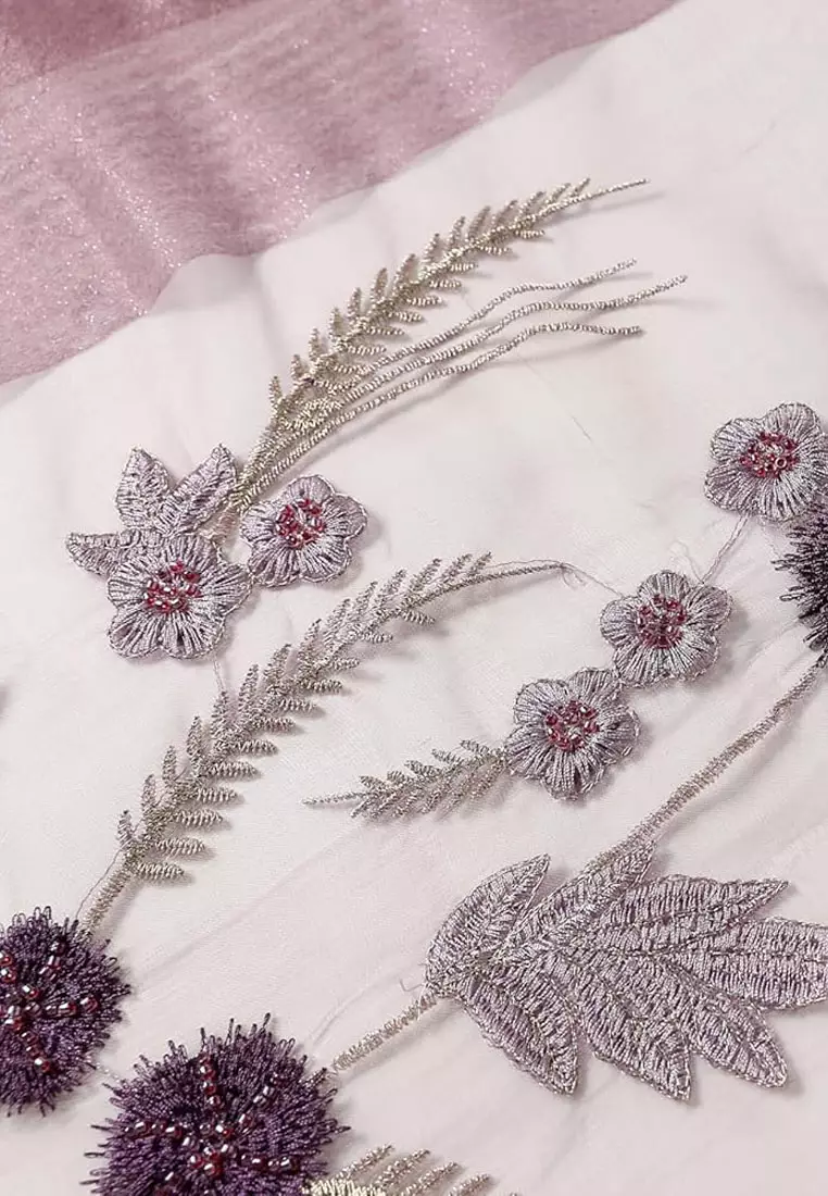 Aksesoris Wanita Golden Thread Embroidery Floral Beaded Silk Shawl Syal Sutra Wanita Bordir Lavender