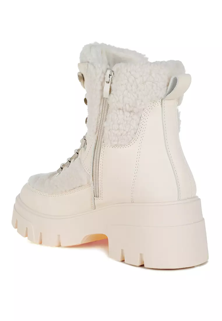 Faux Fur Detail Chunky Hiker Boots in Beige