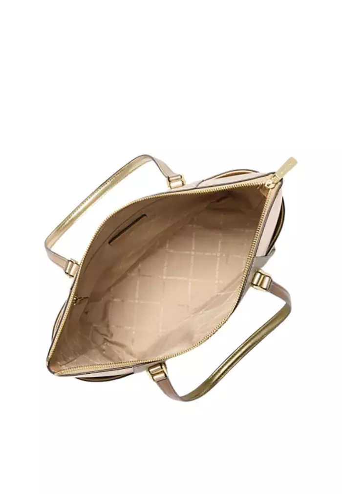 Charlotte Large Signature Logo and Metallic Top-Zip Tote Bag Pale Gold