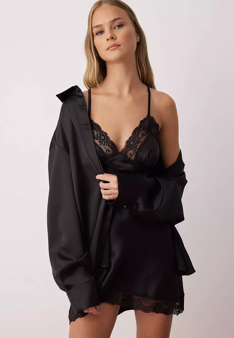 Black Lace And Slit Detail Strap Satin Nightgown