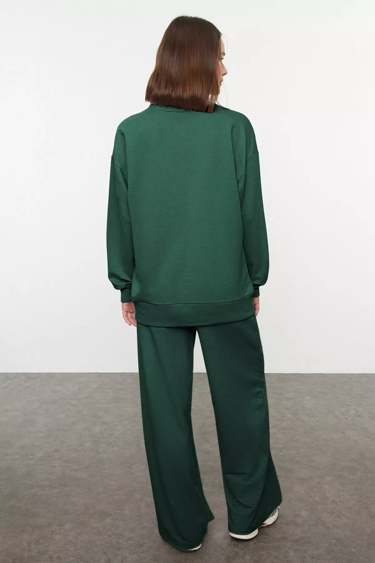 Emerald Green Wide Leg Knitted Sweatshirt And Bottom Tracksuit Set Relaxed Fit