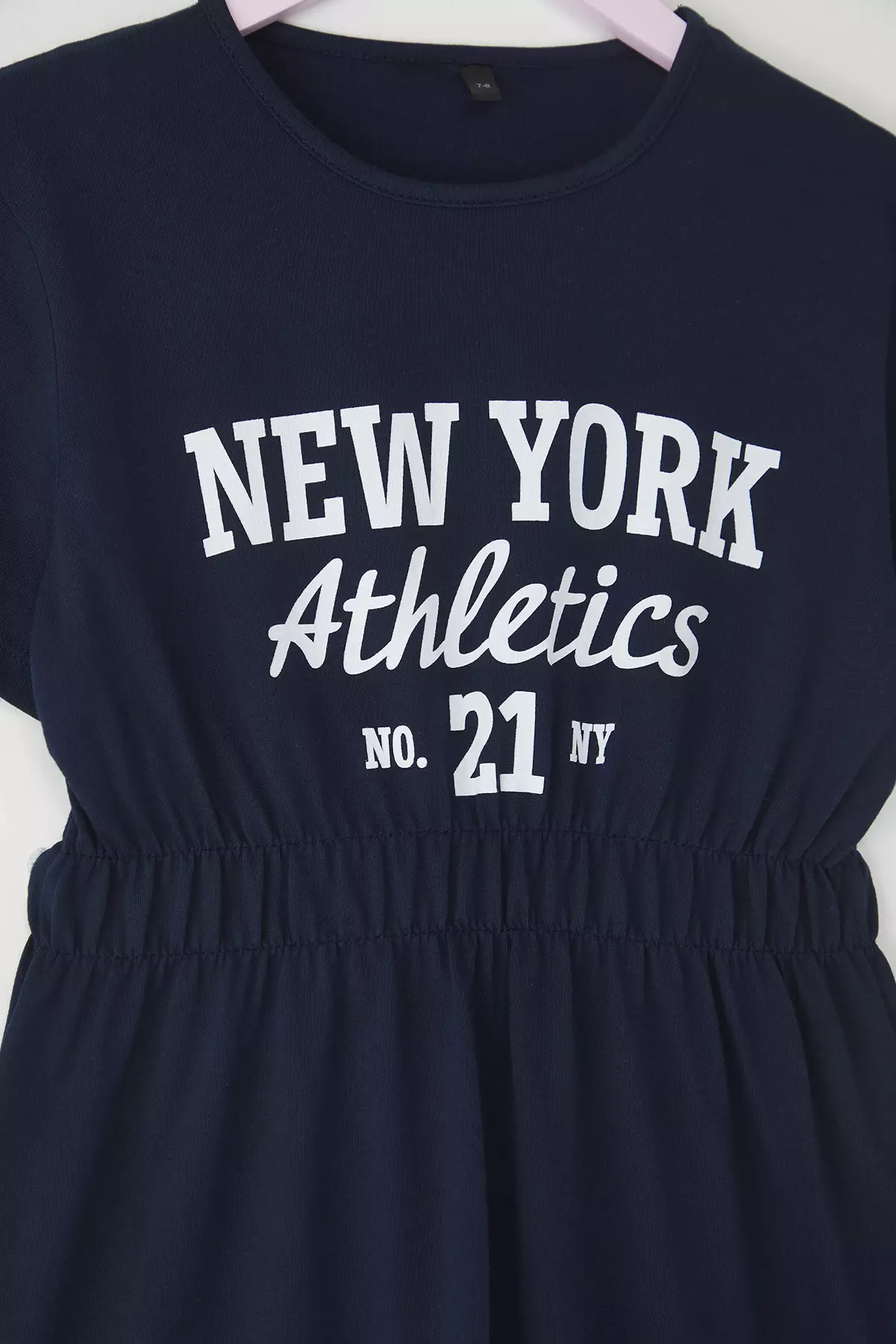 Navy Blue Girl's 100% Cotton Slogan Printed Short Sleeve Elastic Waist Mini Knitted Dress Tkdss25El00084