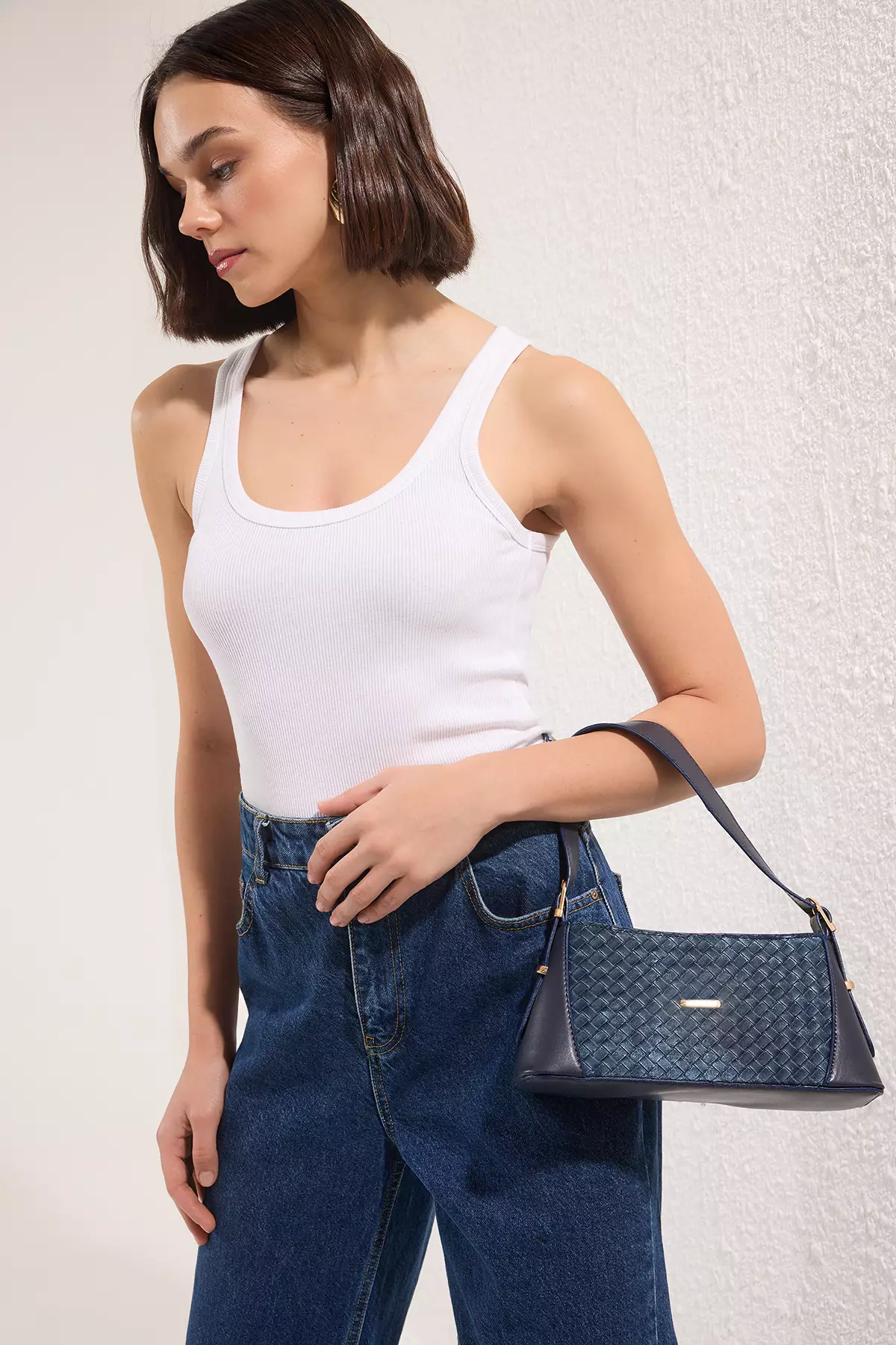 Navy Blue Textured Women City Shoulder Bag Takss25Oc00040
