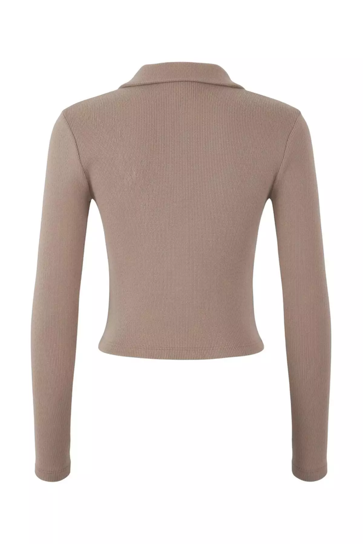 Dark Mink Button Detailed Crop Polo Collar Ribbed Flexible Knit Blouse Twoaw22Bz0522