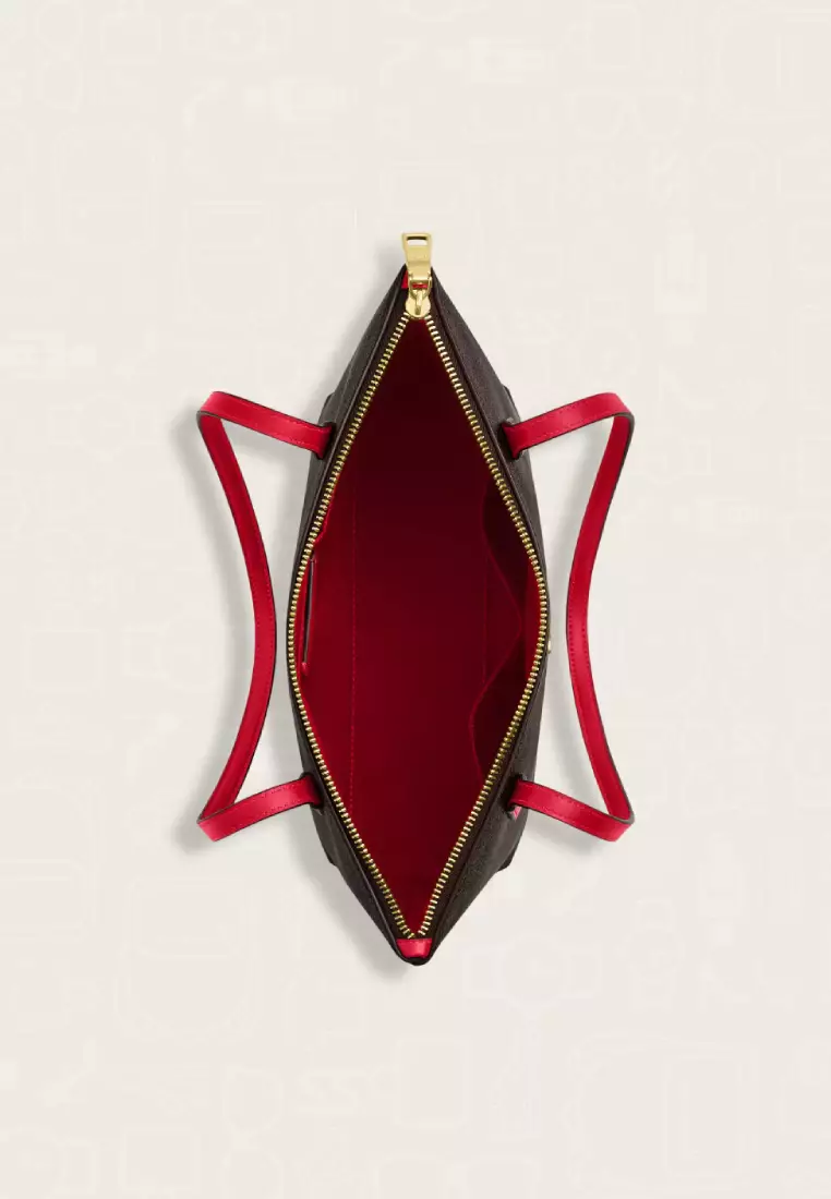 Coach Fiona Zip Tote Bag In Signature Canvas Walnut Bold Red