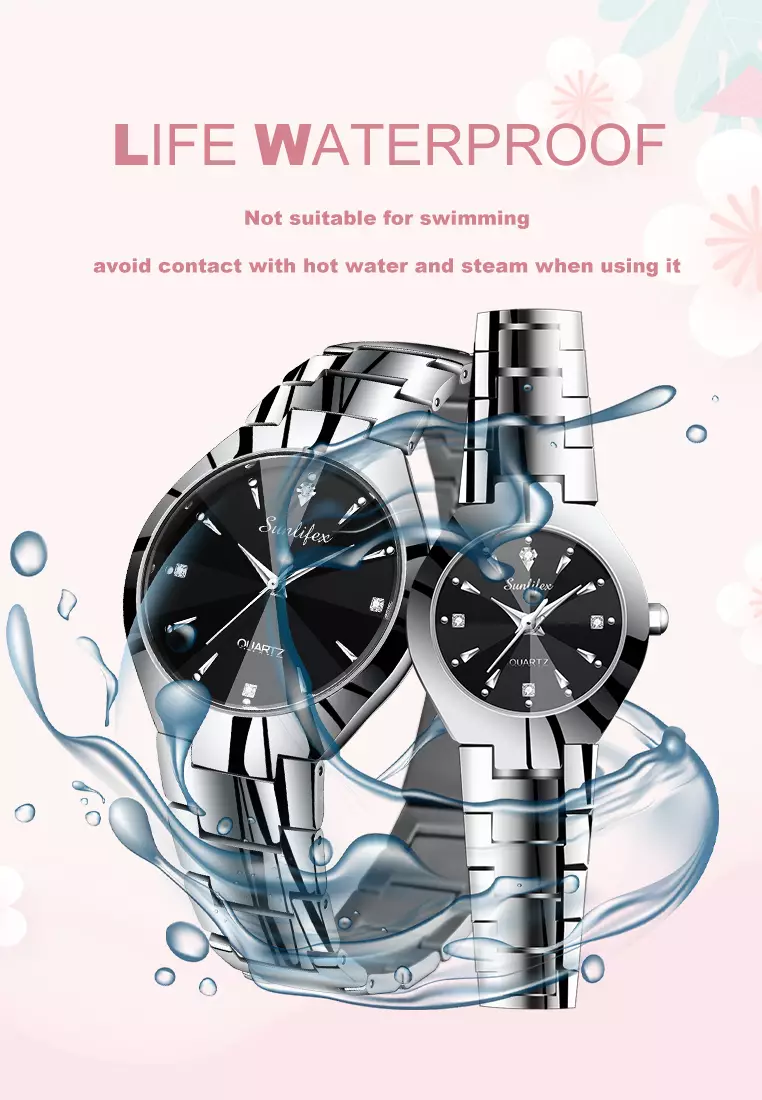 Jam Tangan Couple 9090-M+SL9090-W Stainless Steel Berlian Anti Air Analog Bisnis Kuarsa Jam Tangan Wanita/Pria silver black