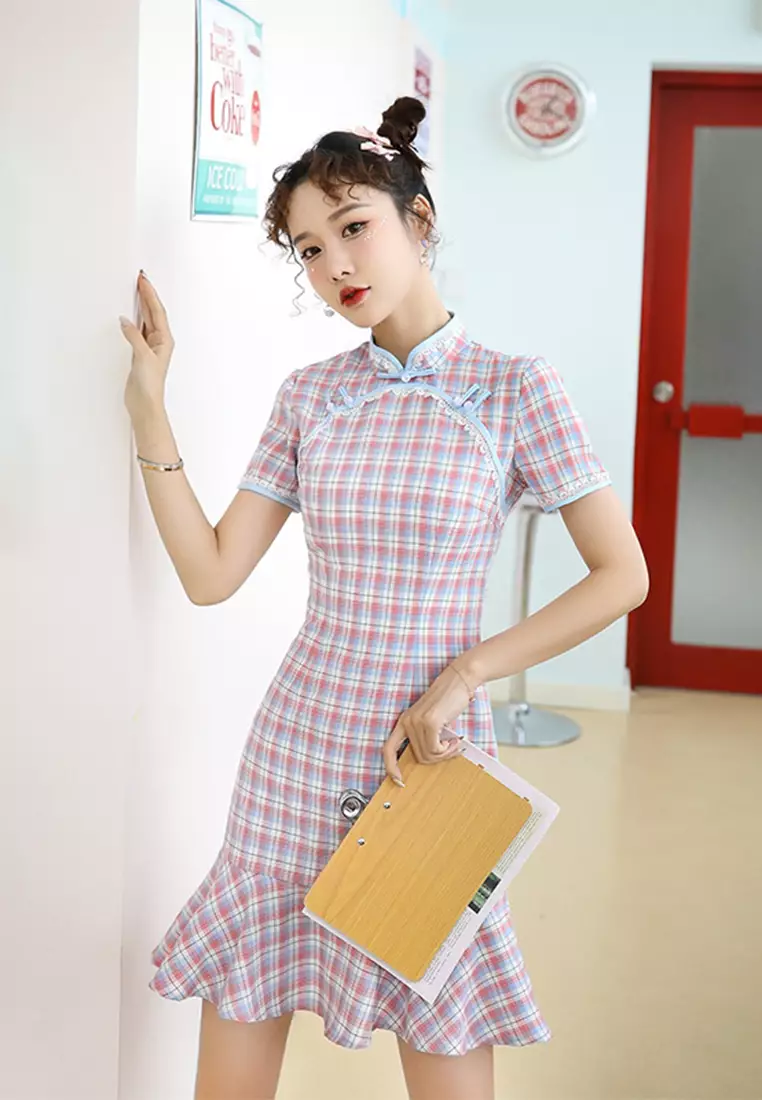 時尚優雅格紋清新旗袍連衣裙CA122719PI