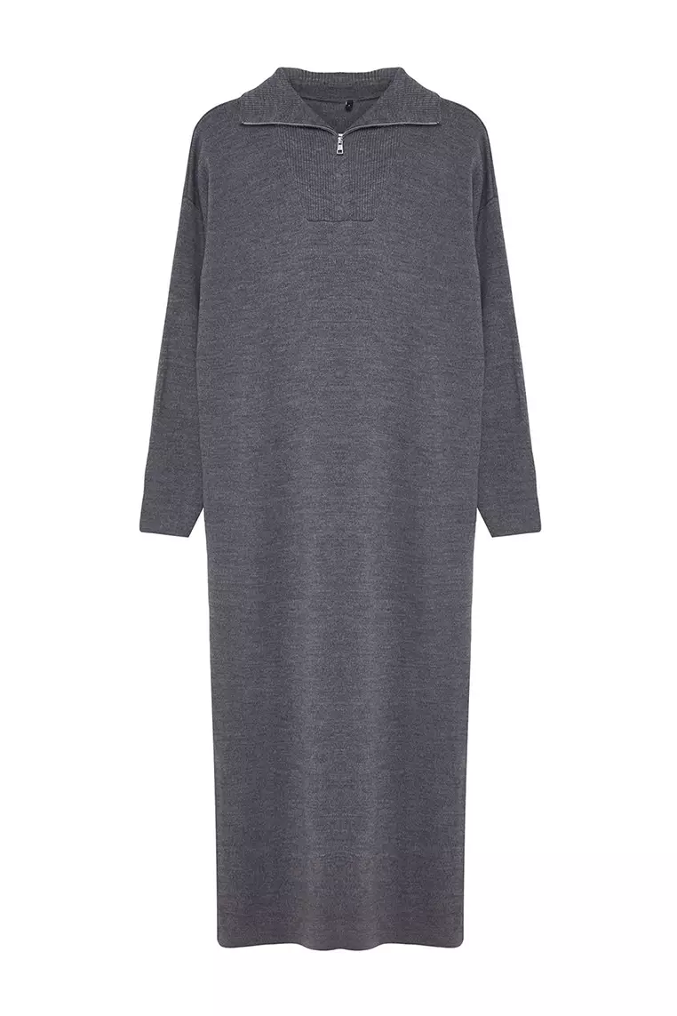 Smoked Comfortable Zippered Collar Basic Knitwear Dress TCTAW25EB00013