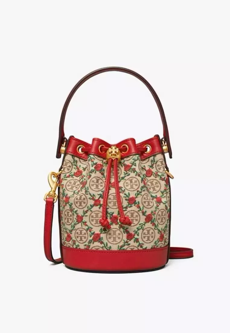 Tory Burch T Monogram Embroidered Mini Bucket Bag Hazelnut
