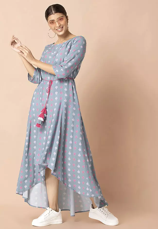 Powder Blue Boota Flared High Low Tunic Dress With Dori Belt