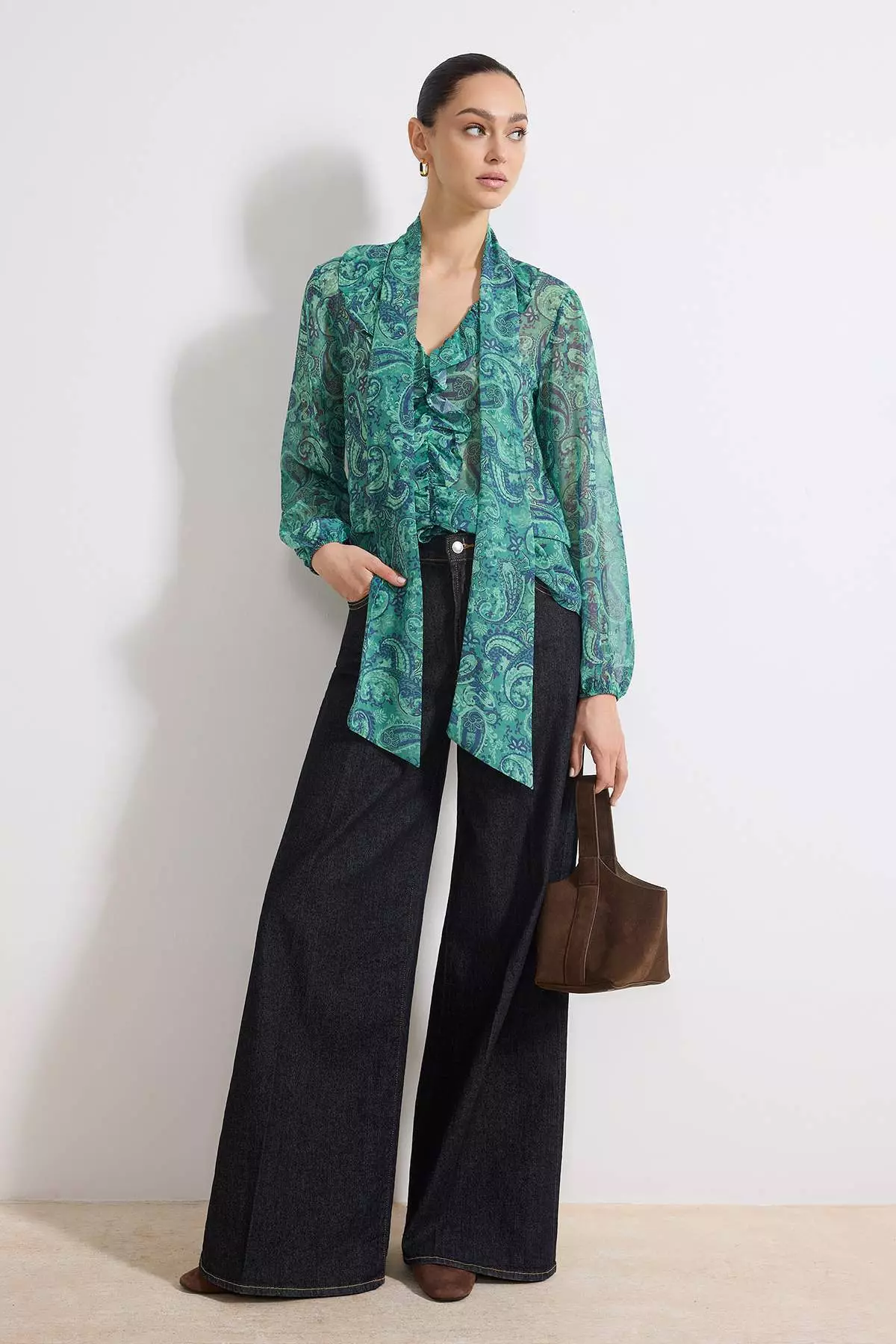 Green Shawl Patterned Boho Transparent Chiffon Woven Blouse Twoss26Bz216