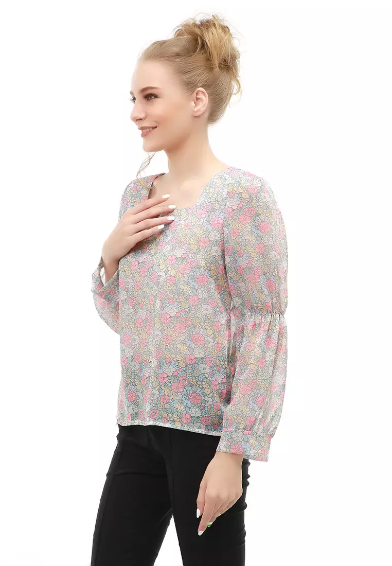 Cheva Blouse Flower Atasan Wanita Kasual Lengan Panjang Material Chiffon ORIGINAL - Multicolor