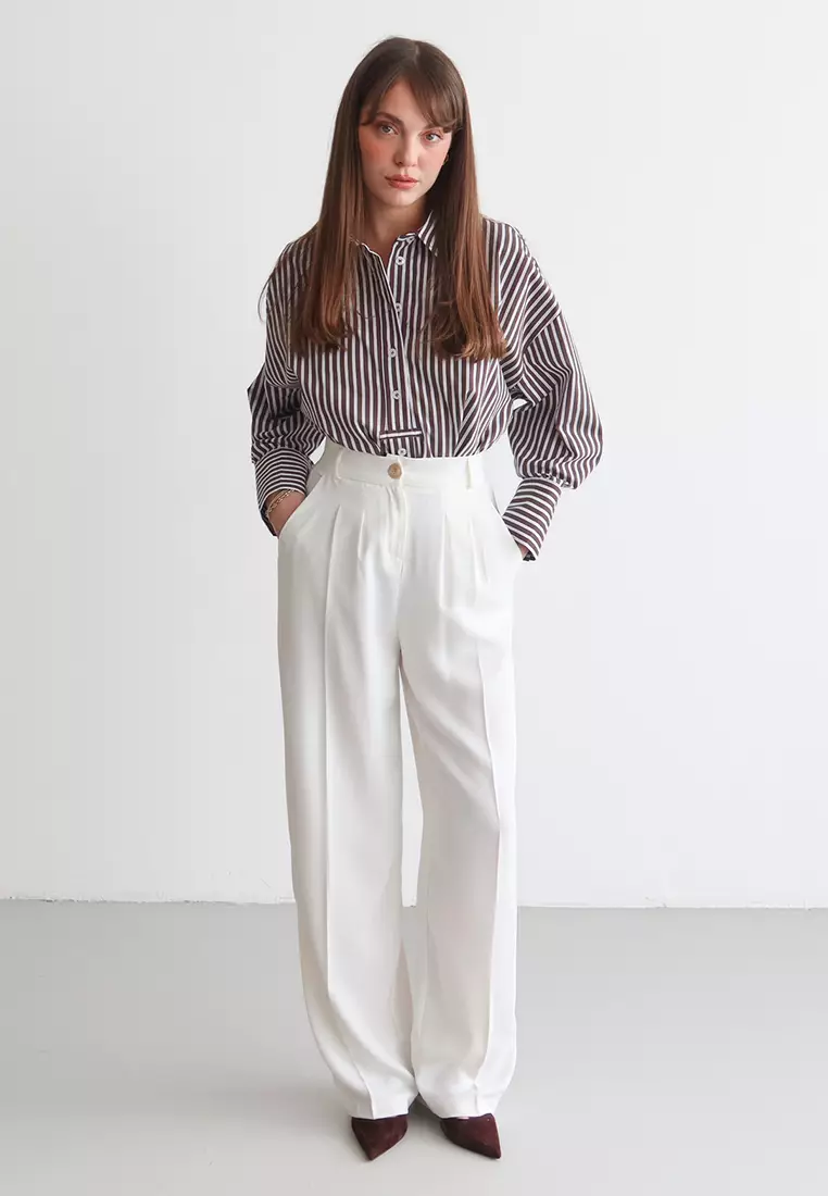 White High Waist Wide Leg Woven Trousers Twoaw26Pl161