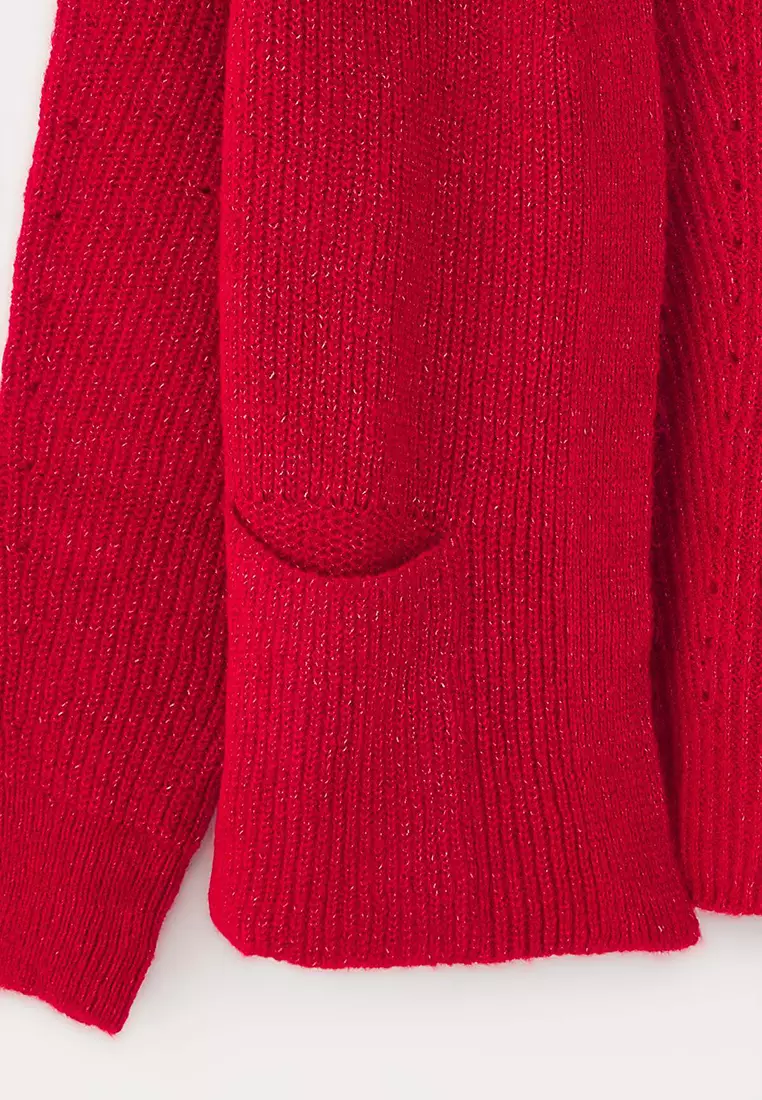 Red Wide Fit Soft Textured Pocket Detailed Knitwear Cardigan