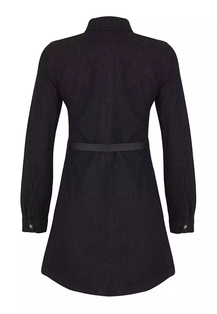 Black Shirt Collar Belted Long Sleeve Mini Denim Dress Twoaw26El00050