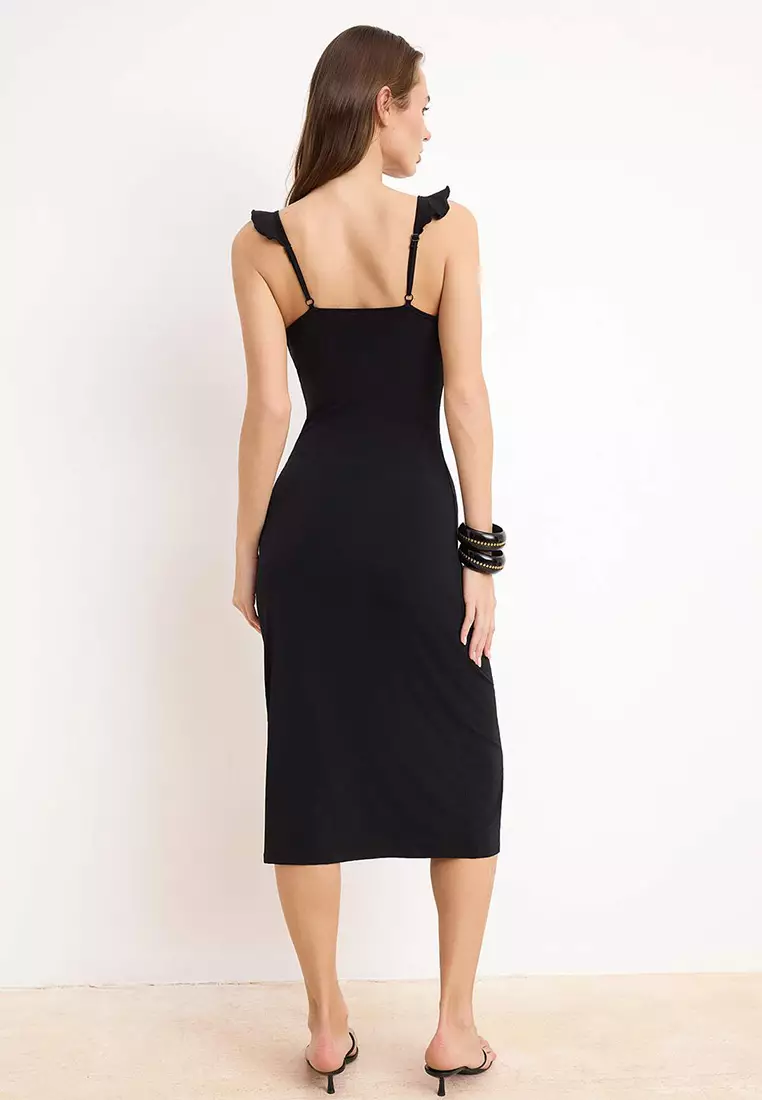 Buy Trendyol Black Bodycon V-Neck Thick Strap Sleeveless Flounced/Ruffled Maxi Stretchy Knitted Dress Twoss26El22 2026 Online