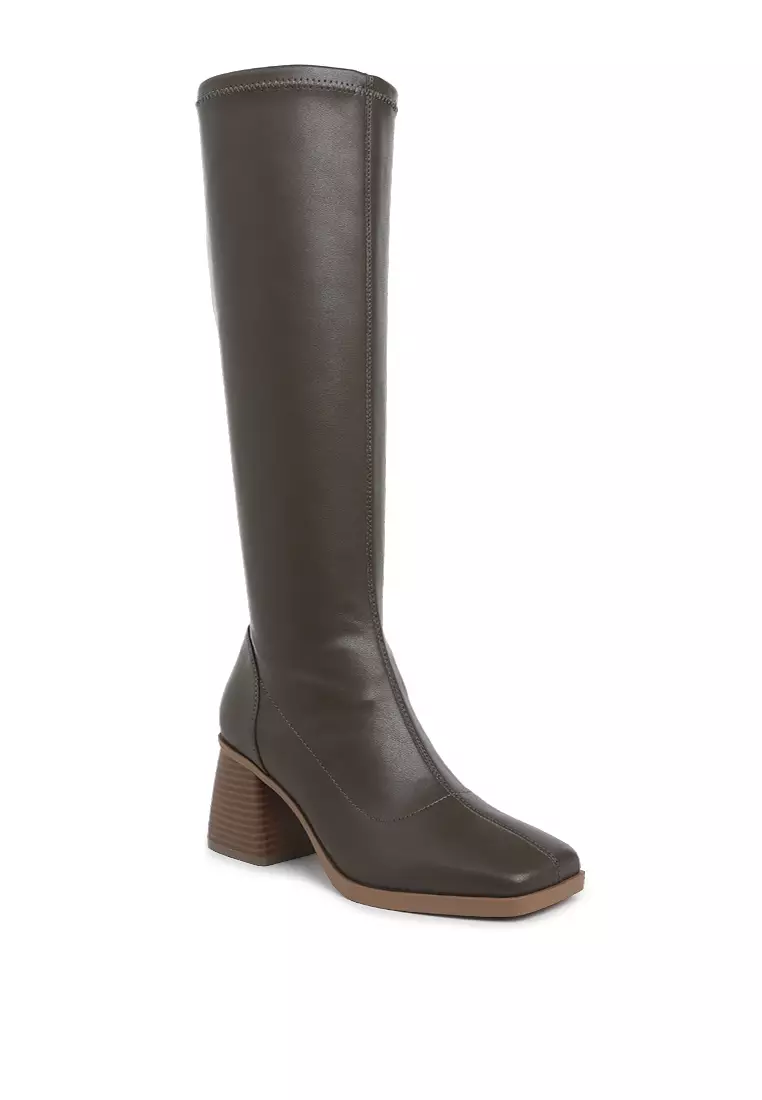 Sepatu bot hak blok kulit imitasi warna coklat