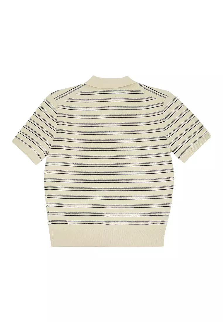 Men's Stripes Knit Poloshirt - Beige/Deep Blue